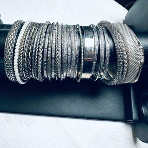 Estate Jewelry Silver Toned Metal Bangle/29 pcs/Bulk Sale/Tribal Ethnic/Crystal